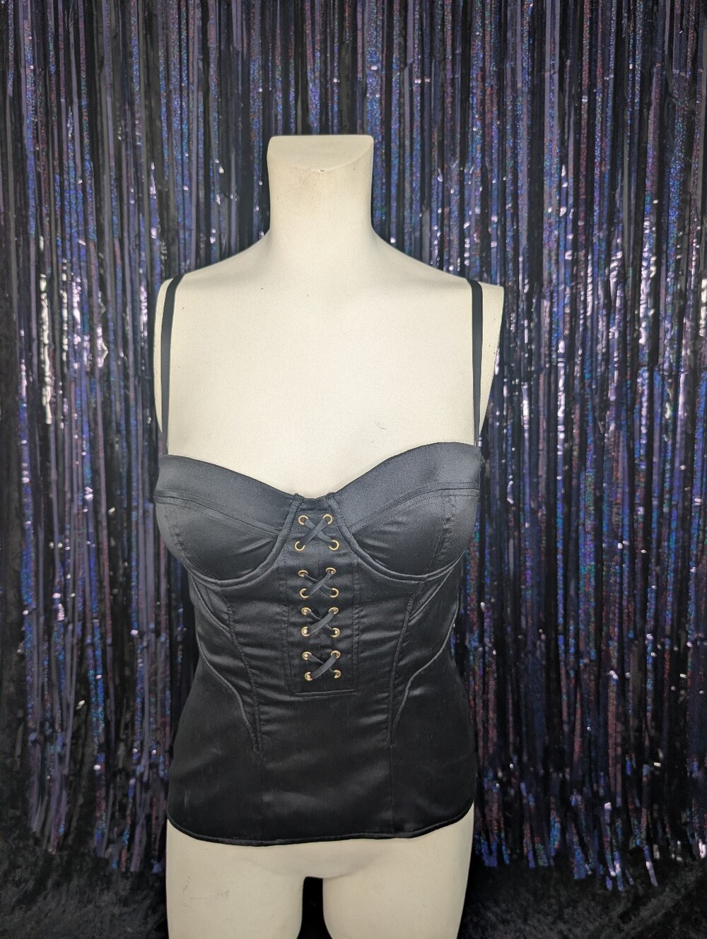 Marciano Black Satin Lace-Up Bustier Tank with Gold Eyelets